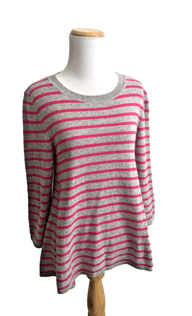 Aqua Cashmere Sweater M Gray Pink Stripe Pullover Scoop Neck 3/4 Sleeve - NWT